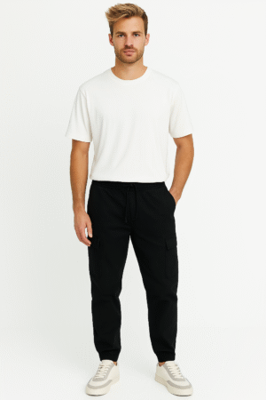 Comfortable black cargo pants with functional pockets and flexible fit