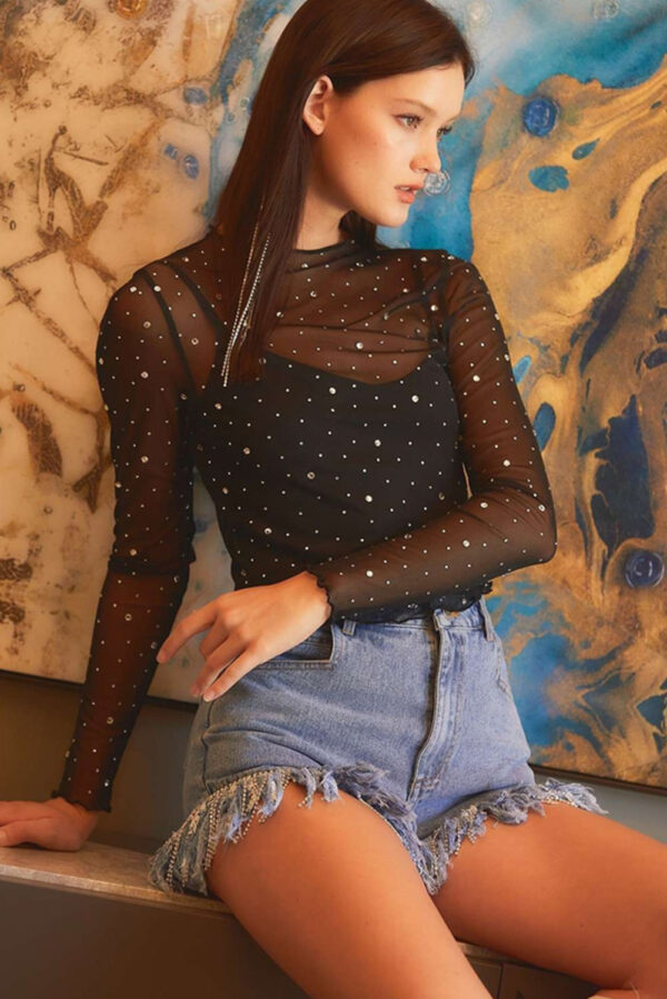 Black Rhinestone Sheer Mesh Slim Fit Long Sleeve Top - Image 3