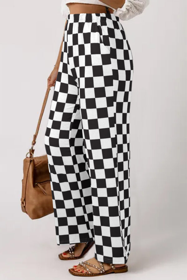Black 2-Tone Checked Print High Waist Wide Leg Pants - Image 3