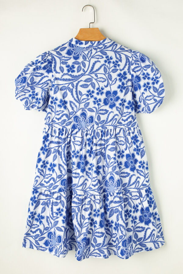 Blue Flower Print Puff Sleeve Tiered Dress - Image 5