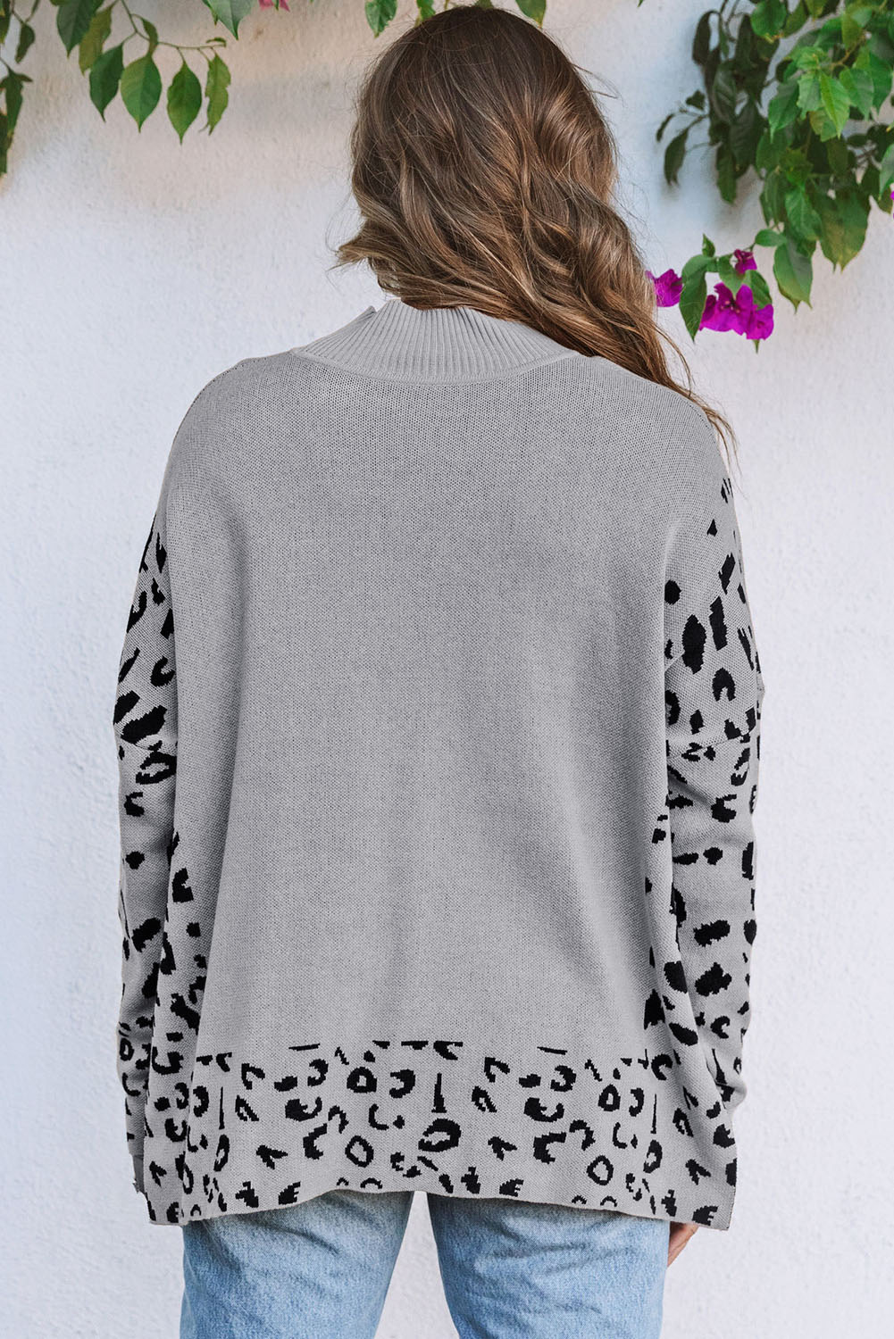 Gray Leopard High Neck Side Slit Oversized Sweater - Image 5