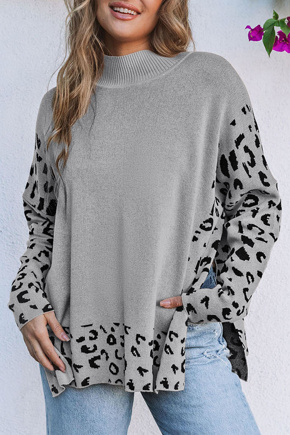 Gray Leopard High Neck Side Slit Oversized Sweater - Image 8
