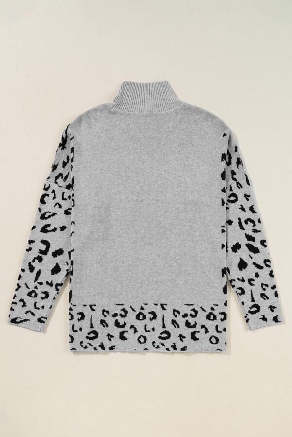 Gray Leopard High Neck Side Slit Oversized Sweater - Image 2