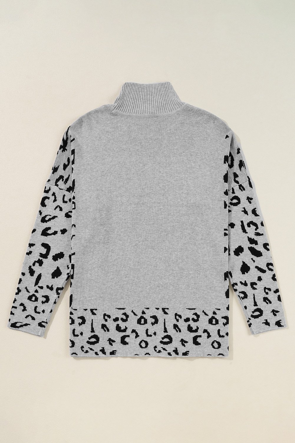 Gray Leopard High Neck Side Slit Oversized Sweater - Image 2