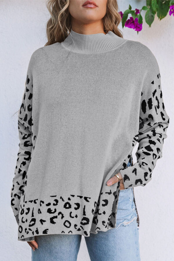 Gray Leopard High Neck Side Slit Oversized Sweater - Image 7