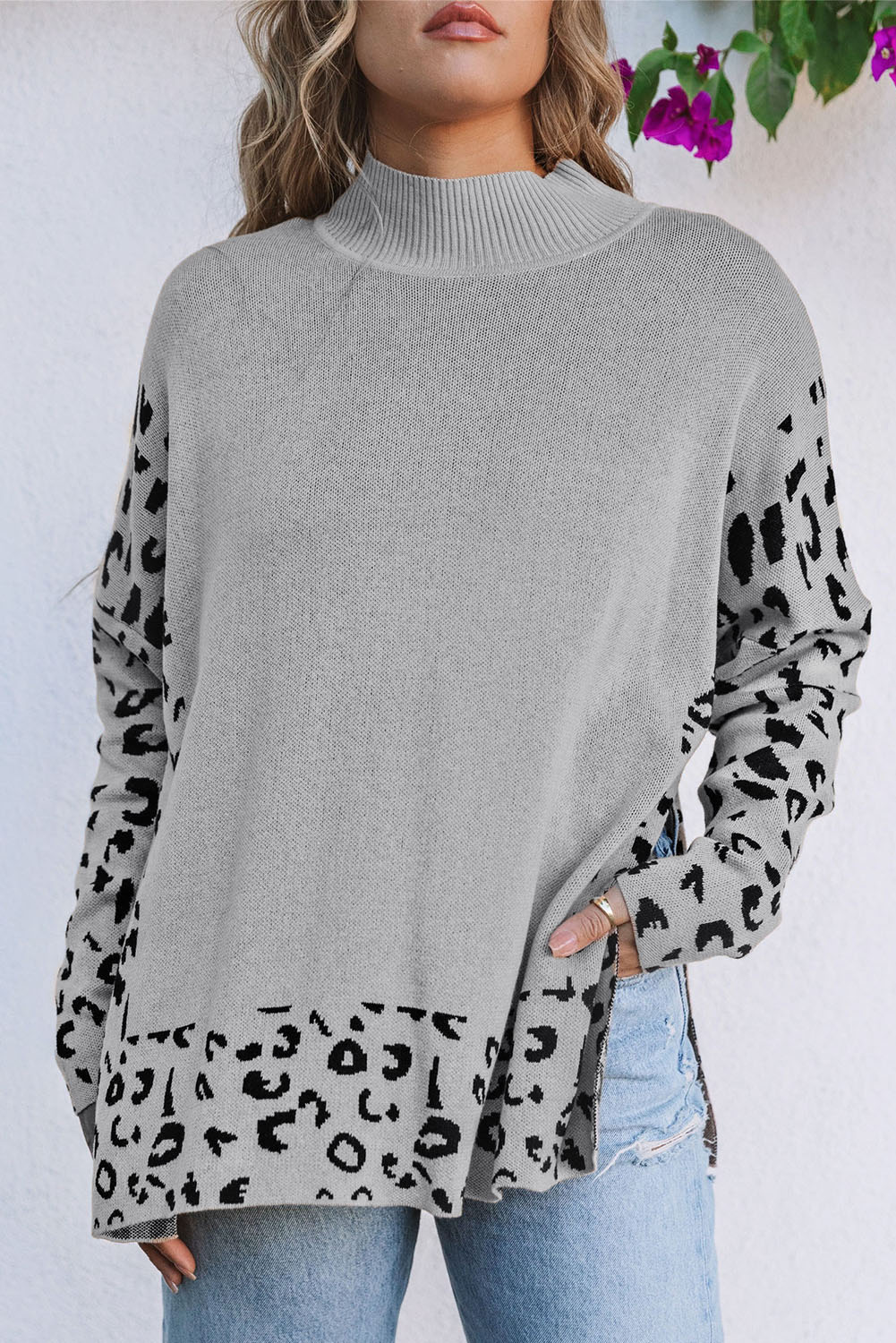 Gray Leopard High Neck Side Slit Oversized Sweater - Image 7