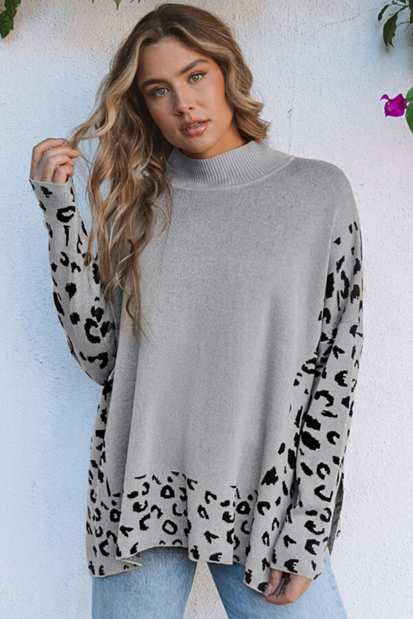 Gray Leopard High Neck Side Slit Oversized Sweater - Image 6